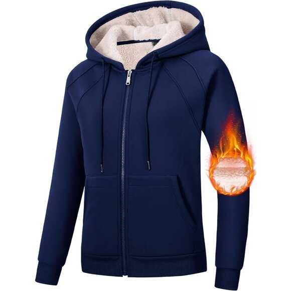 Women's Fleece Zip Up Hoodie Sherpa Lined Winter Jacket with Pockets Large - Picture 1 of 9